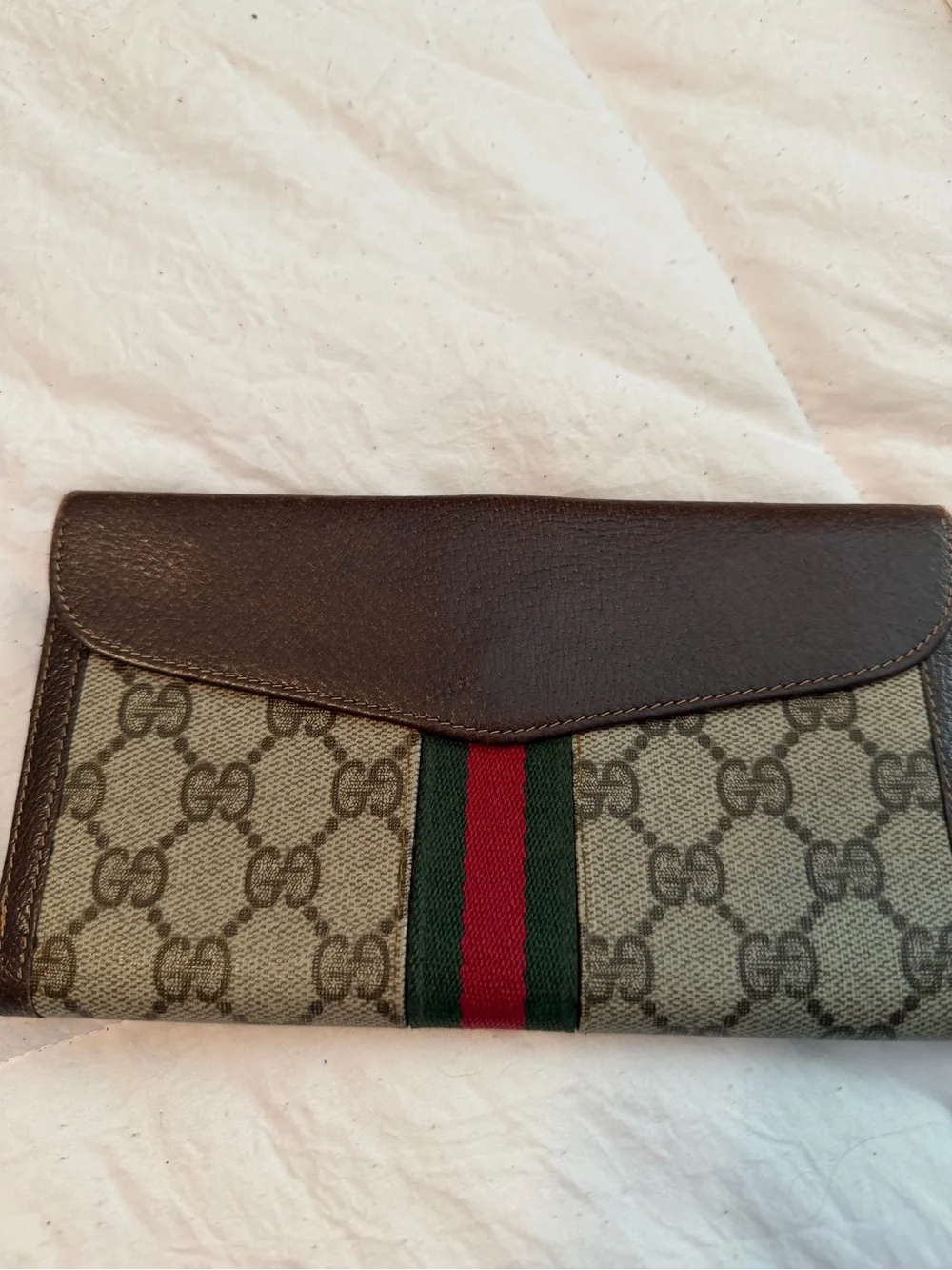 Gucci VINTAGE Sherry GG Canvas long Wallet with Green and Red Stripe COA - Picture 3 of 16